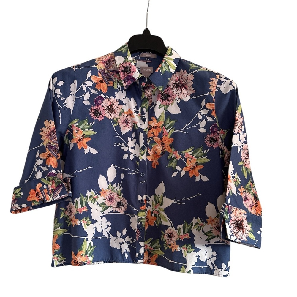 CHICO'S Women's Floral Print Blouse 3/4 Sleeve Jacket Style SZ 1 (L/8/